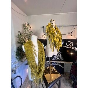 2 Chunky Knit Infinity Scarf Mustard Yellow Textured Fringe Loop Boho Winter